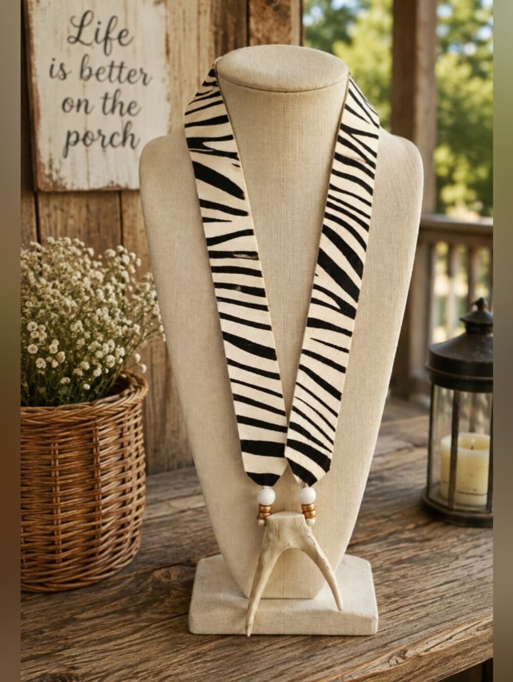 MARY SQUARE ANIMAL Print LEATHER Necklace with Antler Pendant NWT